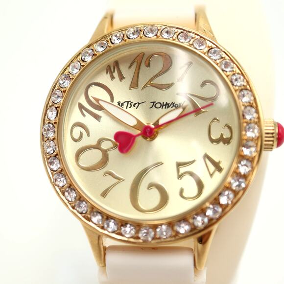 Betsey Johnson Gold Tone 30mm Watch Gem Bezel White Silicone Wrap w New Battery - Picture 5 of 9
